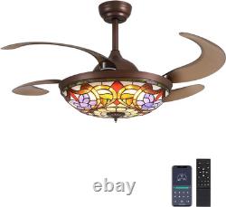 48 Inch Tiffany Style Ceiling Fans with Lights, Retractable Vintage Chandelier C