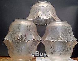 5 VINTAGE ANTIQUE GAS SHADES FLOWER ETCHED 4 Fitter LAMP FIXTURE GLOBE SET of 5