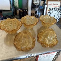 5- Vintage MURANO Style Blown Art Glass Pendant Light Shade Amber Ruffle Glass
