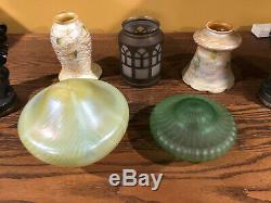 5 vintage arts crafts glass lamp shades quezal frosted etched overlay damascene