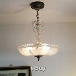 554b Vintage Antique 40's Ceiling Lamp Fixture Glass Shade Chandelier 1 OF 2