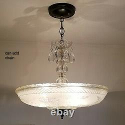 555b Vintage Antique 40's Ceiling Lamp Fixture Glass Shade Chandelier 3 Lights