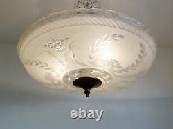 555b Vintage Antique 40's Ceiling Lamp Fixture Glass Shade Chandelier 3 Lights