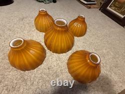 5pc Set Vintage Burnt Orange / Camel Ribbed Cased Glass Light Shades Hand-Blown
