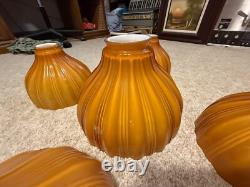 5pc Set Vintage Burnt Orange / Camel Ribbed Cased Glass Light Shades Hand-Blown