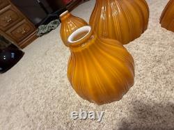 5pc Set Vintage Burnt Orange / Camel Ribbed Cased Glass Light Shades Hand-Blown