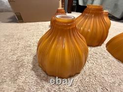 5pc Set Vintage Burnt Orange / Camel Ribbed Cased Glass Light Shades Hand-Blown