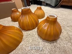 5pc Set Vintage Burnt Orange / Camel Ribbed Cased Glass Light Shades Hand-Blown