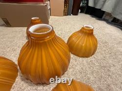 5pc Set Vintage Burnt Orange / Camel Ribbed Cased Glass Light Shades Hand-Blown