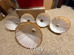 5pc Set Vintage Burnt Orange / Camel Ribbed Cased Glass Light Shades Hand-Blown