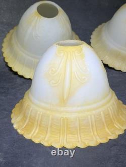 6 Victorian Yellow Opalescent Ruffle Bell Glass Lamp 7 Shades Vintage Frosted