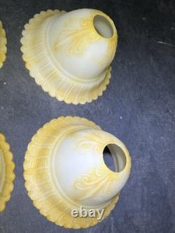 6 Victorian Yellow Opalescent Ruffle Bell Glass Lamp 7 Shades Vintage Frosted