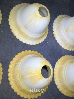 6 Victorian Yellow Opalescent Ruffle Bell Glass Lamp 7 Shades Vintage Frosted