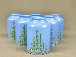 6 Vintage 5 Blue Glass Bell Lamp Shades with Green Tulip Flowers 2 1/4 Fitter