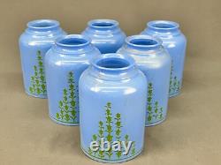 6 Vintage 5 Blue Glass Bell Lamp Shades with Green Tulip Flowers 2 1/4 Fitter