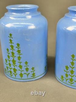 6 Vintage 5 Blue Glass Bell Lamp Shades with Green Tulip Flowers 2 1/4 Fitter