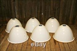 (6) Vintage ENAMEL LAMP SHADE SET porcelain industrial ceiling fixture lot WHITE