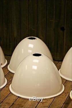 (6) Vtg ENAMEL LAMP SHADE SET porcelain gas station industrial fixture lot WHITE