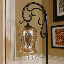 64 Bronze Floor Lamp Amber Glass Shade Metal Scrolled Arm Vintage Light Antique