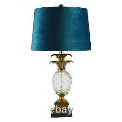 71cm Gold & Clear Glass Pineapple Shaped Table Lamp with Teal Velvet Drum Shade