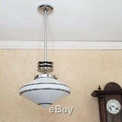 770 Vintage aRT DEco Ceiling Lamp Light Fixture glass shade chrome pendant nice