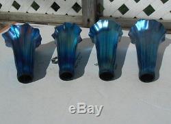 A LOT OF 4 VINTAGE ART GLASS LAMP SHADES LILY TULIP BLUE / PURPLE