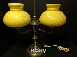 Amazing Vintage Double Lamp Student Desk Light 7 Yellow Swirl Glass Shades Exc