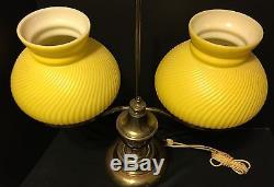 Amazing Vintage Double Lamp Student Desk Light 7 Yellow Swirl Glass Shades Exc