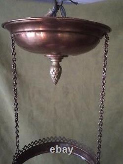 ANTIQUE VICTORIAN HANGING OIL/KEROSENE LAMP with PINK CASED SHADE & GLASS FONT