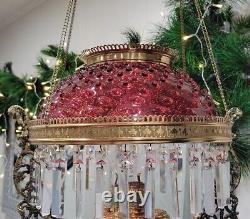 ANTIQUE VICTORIAN HANGING PARLOR OIL LAMP RUBY RED HOBNAIL SHADE WithPRISMS