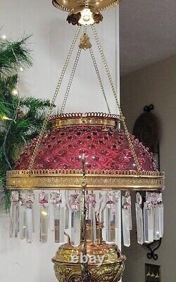 ANTIQUE VICTORIAN HANGING PARLOR OIL LAMP RUBY RED HOBNAIL SHADE WithPRISMS