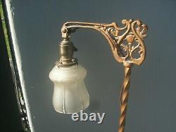 ANTIQUE VICTORIAN ORNATE TWISTED IRON BRIDGE ARM FLOOR LAMP With GLASS SHADE