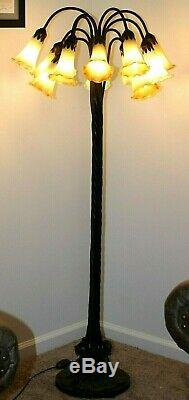 ANTIQUE / VINTAGE 56 Ht. 12 ARM LILY FLOOR LAMP With BRONZE BASE & TRUMPET SHADES