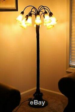 ANTIQUE / VINTAGE 56 Ht. 12 ARM LILY FLOOR LAMP With BRONZE BASE & TRUMPET SHADES