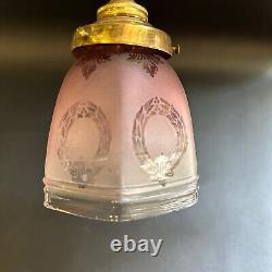 ANTIQUE VINTAGE CRANBERRY ETCHED GLASS LAMP LIGHT SHADE with BRASS ARM FITTING