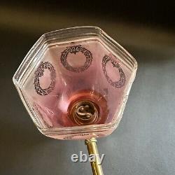 ANTIQUE VINTAGE CRANBERRY ETCHED GLASS LAMP LIGHT SHADE with BRASS ARM FITTING