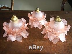 Antique Vintage French Lot Of 3 Pink Petals Lamp Chandelier Shades With Supports