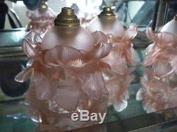 Antique Vintage French Lot Of 3 Pink Petals Lamp Chandelier Shades With Supports