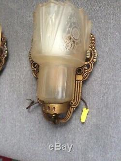 ANTIQUE VINTAGE PAIR ORNATE WALL LIGHT LAMP SCONCES With SHADES