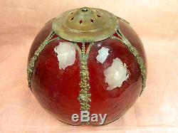 ANTIQUE VINTAGE RUBY RED SLAG STAINED GLASS LAMP SHADE CURVED PANEL FLORAL ROSES