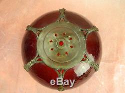 ANTIQUE VINTAGE RUBY RED SLAG STAINED GLASS LAMP SHADE CURVED PANEL FLORAL ROSES