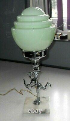 ART DECO 1930s CHROME CHERUB LAMP PASTEL GREEN GLASS SHADE MARBLE BASE VINTAGE