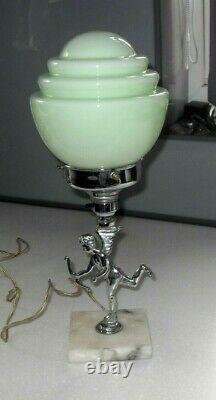 ART DECO 1930s CHROME CHERUB LAMP PASTEL GREEN GLASS SHADE MARBLE BASE VINTAGE