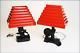 Art Deco Lamp Pair Black Ceramic Vintage Table Mid Century Red Stepped Shades 2