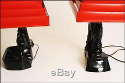 ART DECO LAMP PAIR black ceramic vintage table mid century RED STEPPED SHADES 2