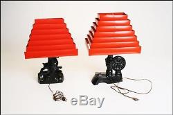 ART DECO LAMP PAIR black ceramic vintage table mid century RED STEPPED SHADES 2