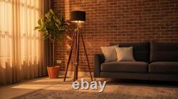 Adjustable Vintage Tripod Floor Lamp Rustic Wooden Stand for Home Decor