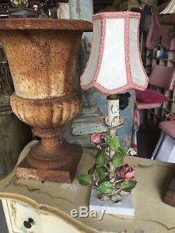 Adorable Vintage Italian Tole Table Lamp Pink Roses Pink Trimed Lamp Shade #6