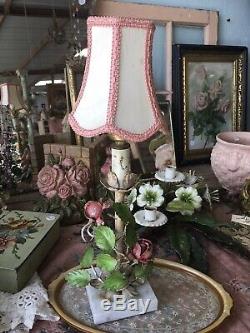 Adorable Vintage Italian Tole Table Lamp Pink Roses Pink Trimed Lamp Shade #6