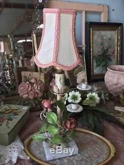 Adorable Vintage Italian Tole Table Lamp Pink Roses Pink Trimed Lamp Shade #6